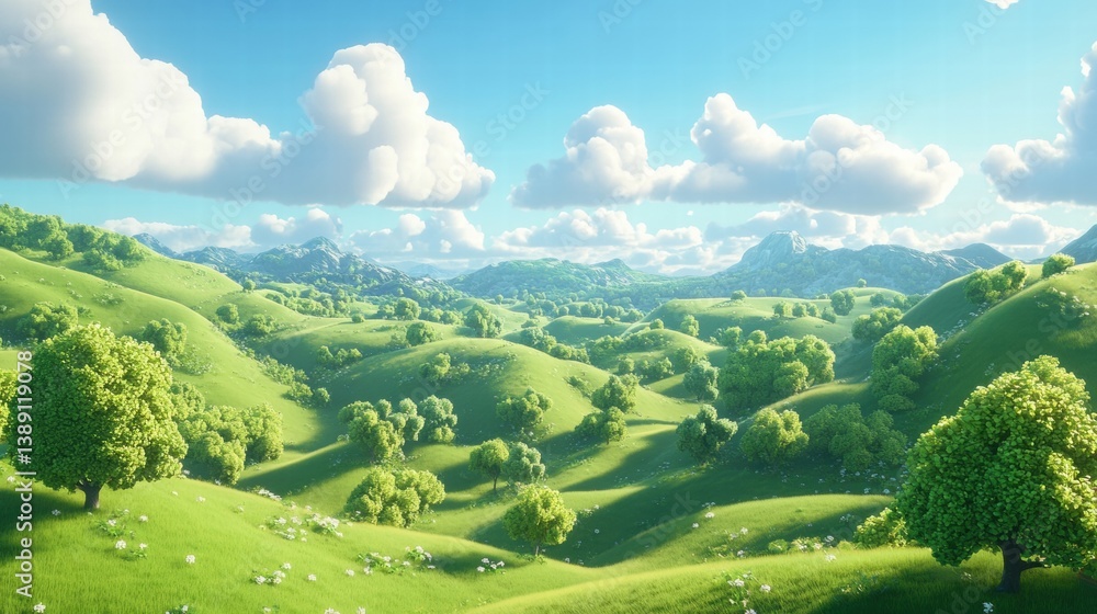 Fototapeta premium illustration of Summer fields landscape with a dawn,Rainbow, green grass hills, bright color blue sky, country background,banner resting vacation.