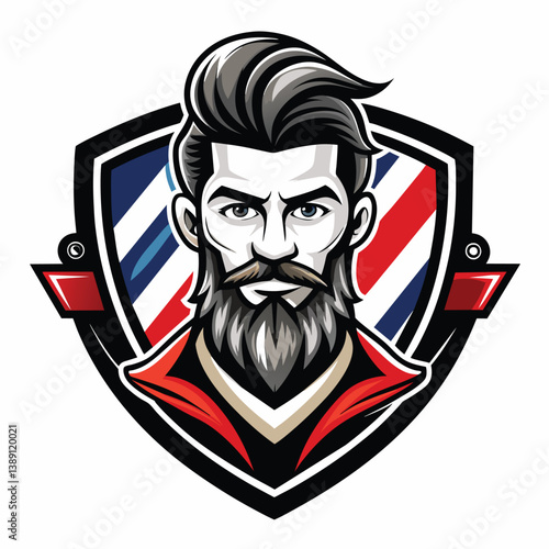 An illustrated portrait of a man with a thick beard and classic hairstyle, set inside a traditional barber shop shield with red, white, and blue stripes.