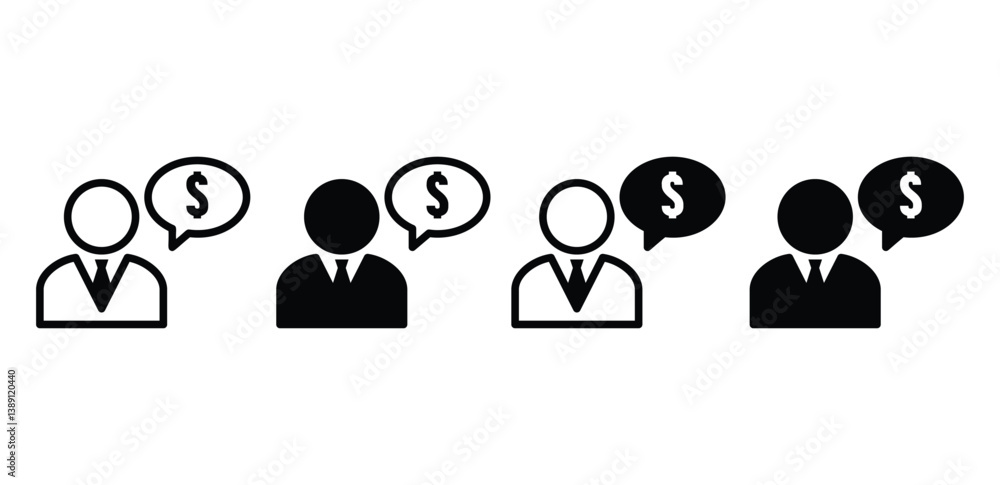 Financial Advisor Icons Set Black and White Silhouettes of People with Speech Bubbles and Dollar Signs Vector Design Financial Advisor Icons Set Black and White Silhouettes of People with Speech Bubbles and Dollar Signs Vector Design