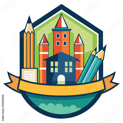An illustration of a cartoon schoolhouse building with pencils and a ribbon around it. The building has a green lawn and clouds, and the pencils are yellow, green, and blue.