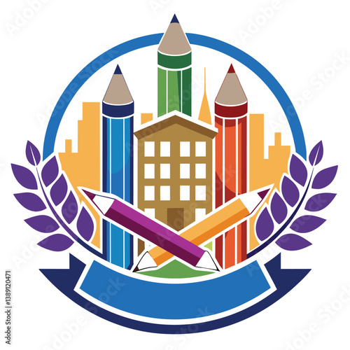 A colorful illustration featuring a building surrounded by pencils in a circular design.