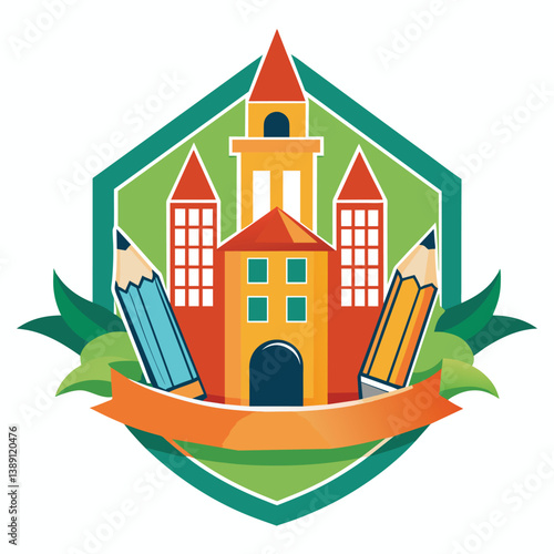 This is a colorful logo depicting a school building with a clock tower and two pencils crossed in front of it. There is a green and orange ribbon at the bottom of the logo.