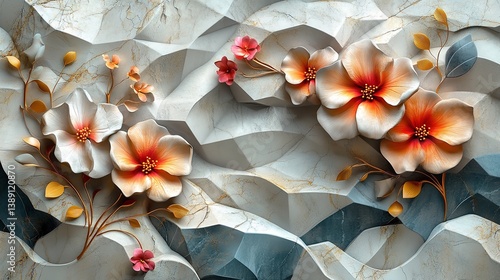 3D wallpaper golden tree life with white flowers, 3D mural wallpaper high quality AI generated image