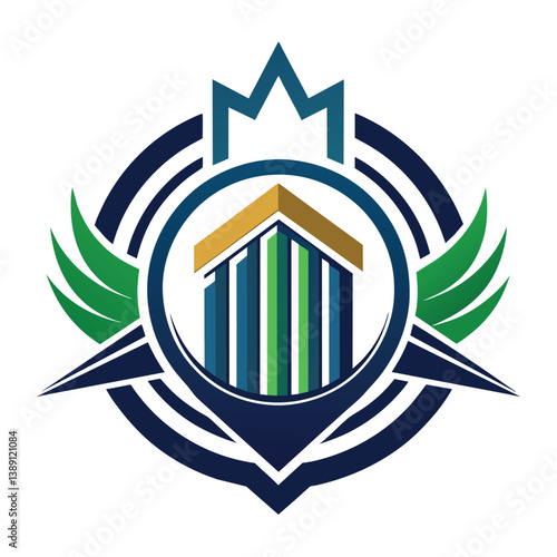 A colorful, abstract logo design features a stylized building with wings and a crown.