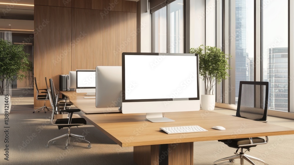 Modern office interior with blank monitor screen on wooden desk Modern office interior with blank monitor screen on wooden desk