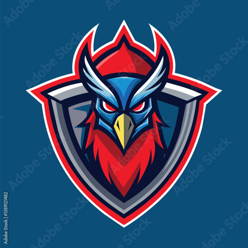 A digital illustration of a fierce owl mascot logo with a red and blue color scheme. The owl has a shield behind it and a flame on top of its head.
