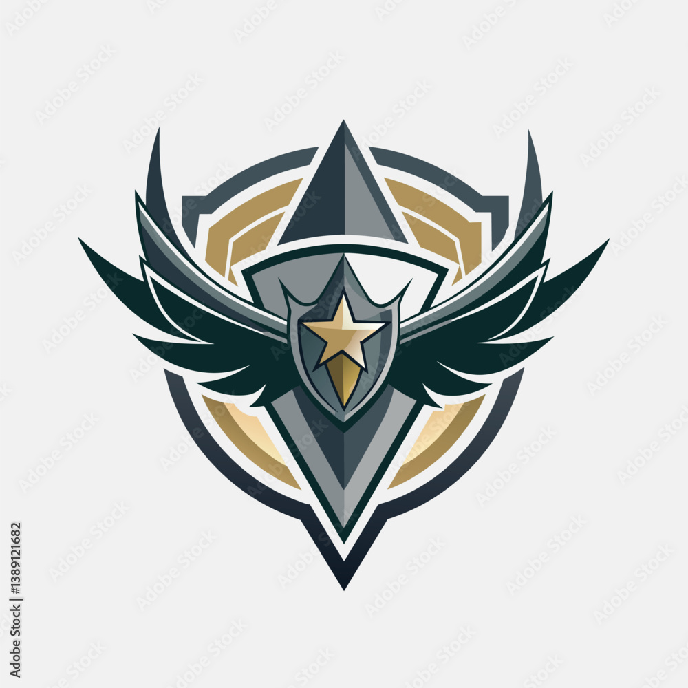 A modern logo design featuring a diamond shield with wings and a star. A modern logo design featuring a diamond shield with wings and a star.
