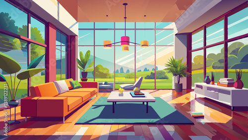 Spacious modern living room with floor-to-ceiling windows, minimalist furniture, and natural light flooding in.