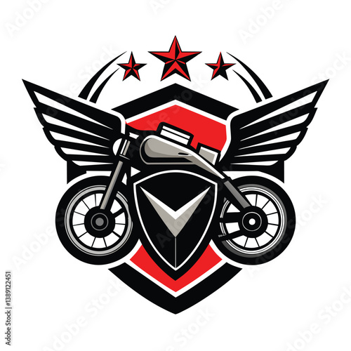 A black and red motorcycle emblem with wings, a shield, and three stars.
