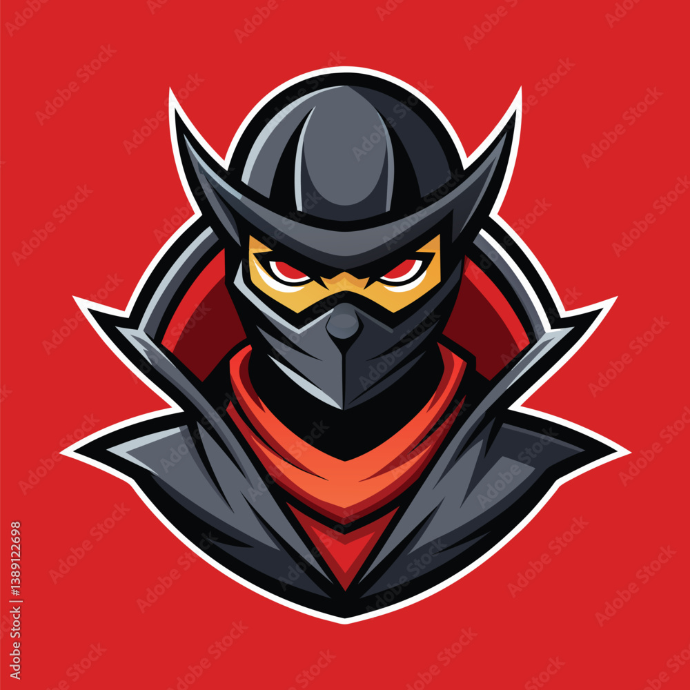 A black ninja warrior with a red bandana and a serious expression. The image is a logo design with a red background. A black ninja warrior with a red bandana and a serious expression. The image is a logo design with a red background.