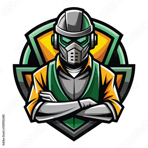 A digital illustration of a robot character with crossed arms wearing a green vest and a futuristic helmet.