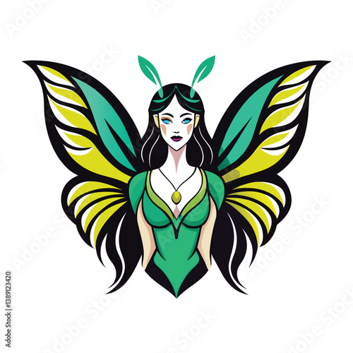A digital illustration of a fairy with large, green and yellow butterfly wings. The fairy has long black hair, green clothing, and blue eyes.