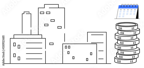 Minimalist city buildings with stack of coins and calendar symbolizing urban economy, financial planning. Ideal for finance, real estate, business strategy, economy, investment, time management