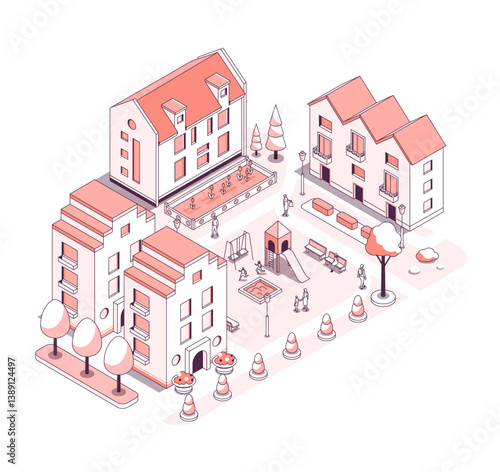 Residential buildings with playground - vector isometric illustration