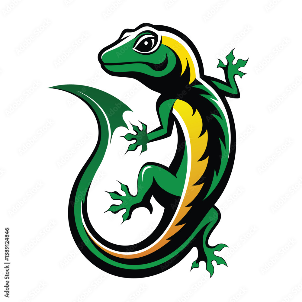 Naklejka premium A green and yellow gecko illustration, curled in a defensive posture, with claws outstretched, and a friendly, cartoonish expression.