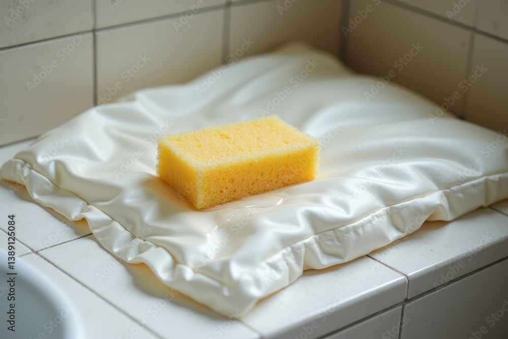 Foam sponge on pillowcase on tiled bathroom surface