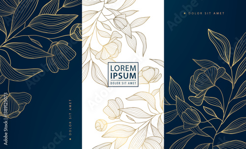 Vector set of gold art deco line floral labels, royal line flowers and leaves nature backgrounds. Wine package, box design, perfume, soap, cover design.