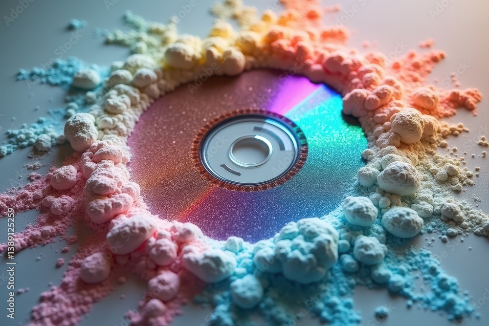 Colorful CD surrounded vibrant powder explosion
