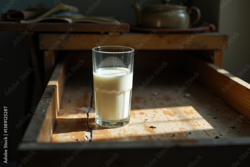 Glass of milk on rustic wooden table