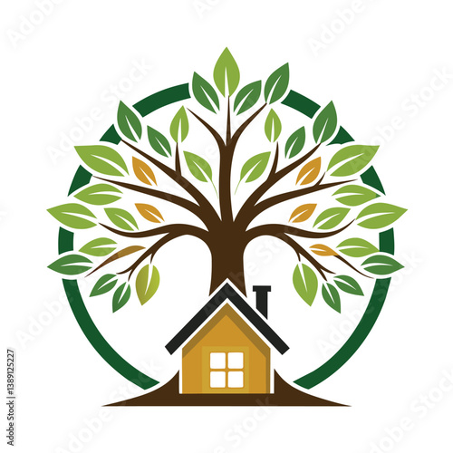 A digital illustration depicting a logo design with a green tree with a yellow house inside of its trunk, surrounded by a green circle.
