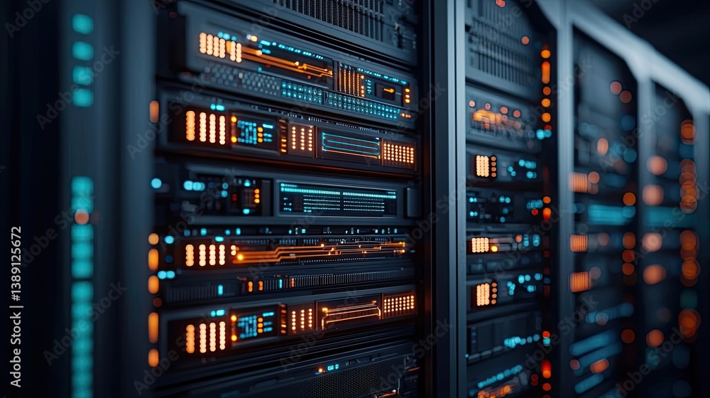 Naklejka premium Clouds server driving intelligent system for globalization concept. Close-up of a modern data center with illuminated server racks.