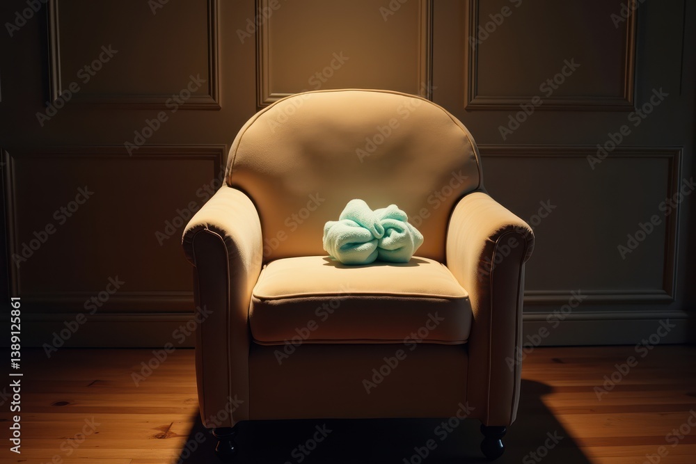 Solitude in cozy armchair with pastel pillow illuminating softly