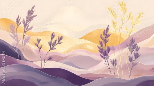 Abstract landscape with purple and gold hills and plants.