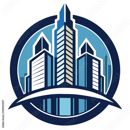 Graphic design of stylized cityscape with 3 tall buildings against a stylized blue and white sky. Tallest building has yellow stripe.