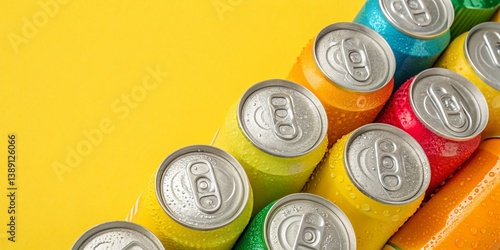 Colorful aluminium cans of beverage on yellow background
