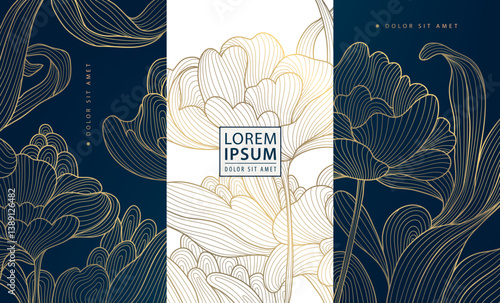 Vector set of gold art deco line floral labels, royal line flowers and leaves nature backgrounds. Wine package, box design, perfume, soap, cover design.