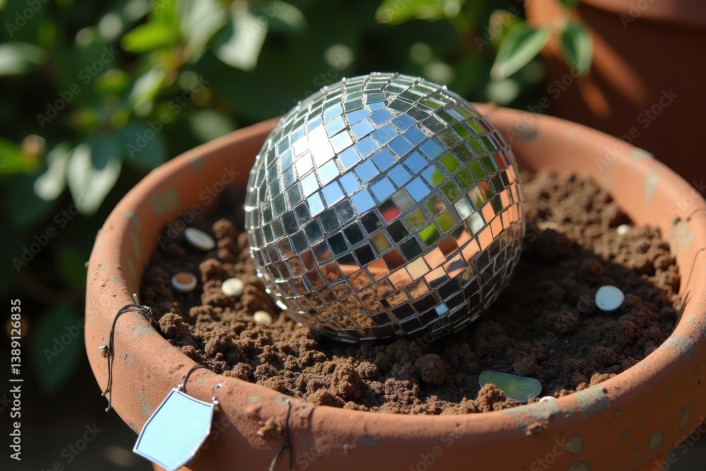 Disco ball in terracotta pot surrounded garden greenery