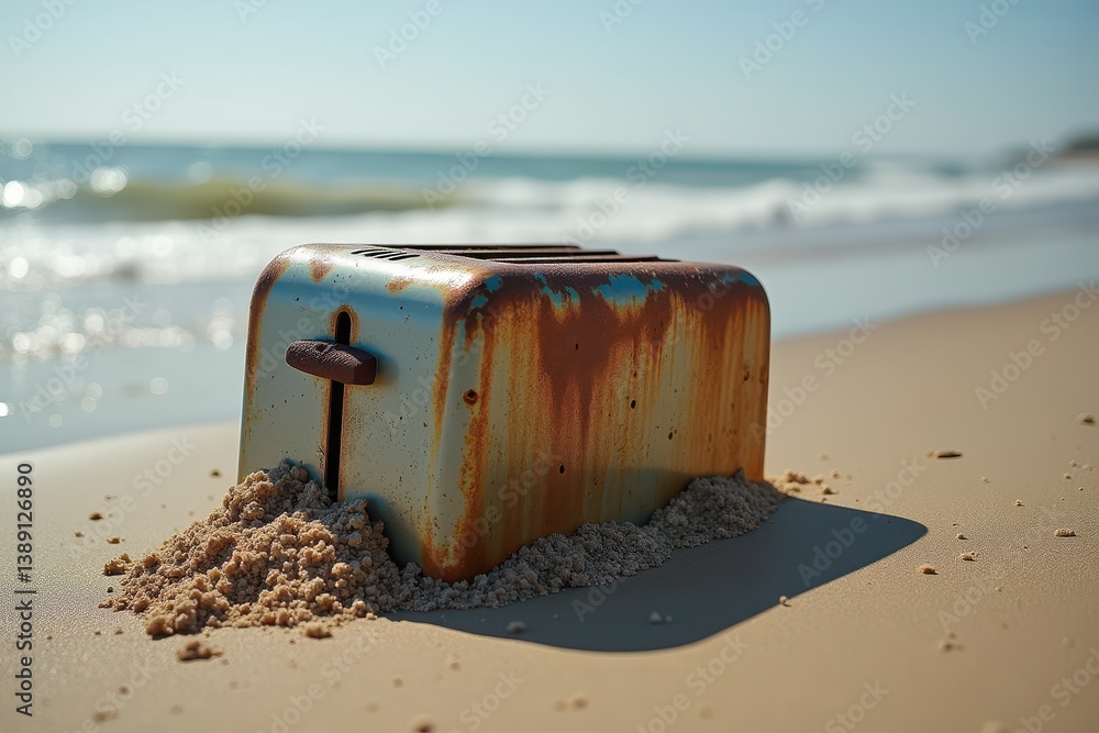 Rusty toaster stranded on beach sand bright sun
