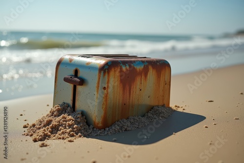 Obraz na płótnie Rusty toaster stranded on beach sand bright sun w salonie