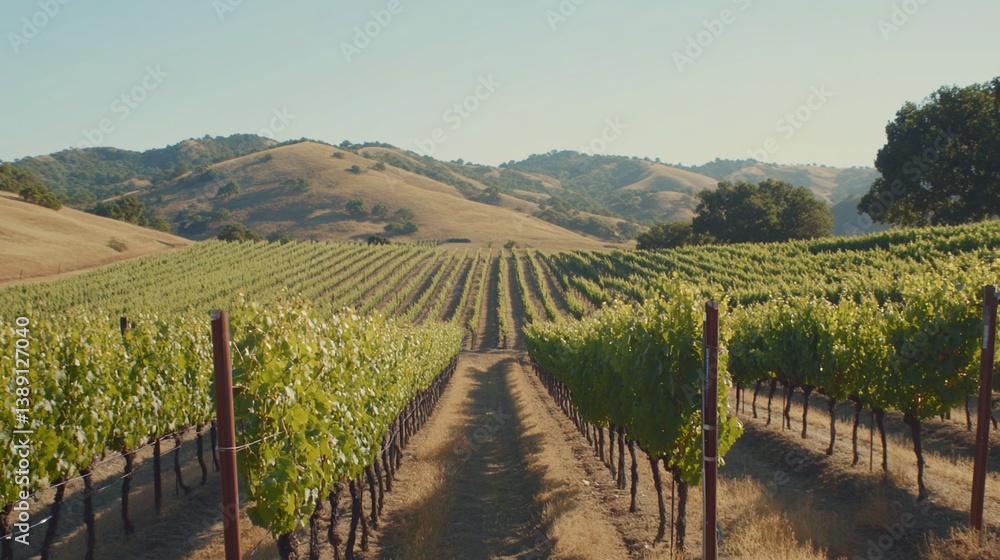 Fototapeta premium Sunlit Vineyard Landscape with Rolling Hills in the Background Scenery