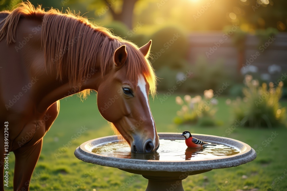 Horse drinking garden bird bath at sunset
