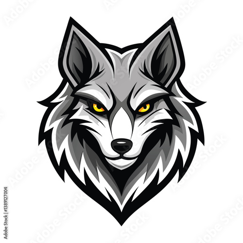 A close-up illustration of a gray wolfs head with yellow eyes, looking directly at the viewer with a fierce expression.