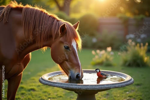 Obraz na płótnie Horse drinking garden bird bath at sunset w salonie