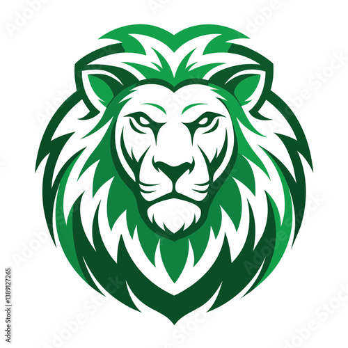 A green and white lion head mascot logo design, featuring a detailed, stylized lion face with a fierce expression, showcasing a bold and dynamic graphic design.