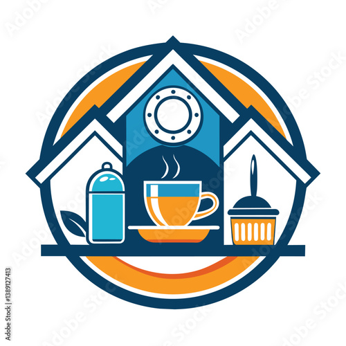 A logo with a stylized house in the center, with a teacup, teapot, and tea infuser in the front.