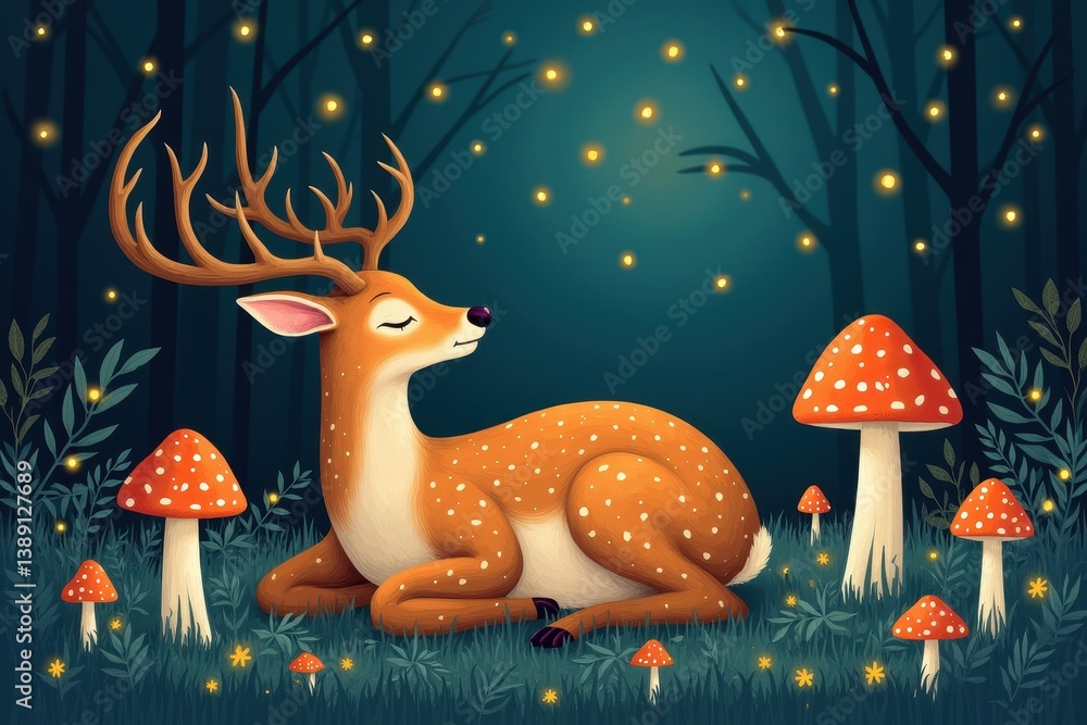 Resting deer in enchanted with glowing fireflies mushrooms