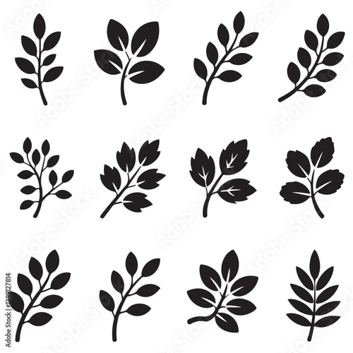 Tree Brunch Silhouettes Icon Set Isolated. Black and White Twig with Leaves Collection. Design Decorative Elements. Spring, Summer Leaves, Brunches, Plants, Leaves, Herbs. Silhouette Vector Black