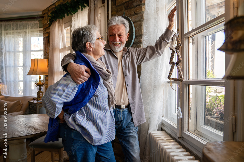 Elderly couple in love. Senior husband and wife hugging and bonding with true emotions