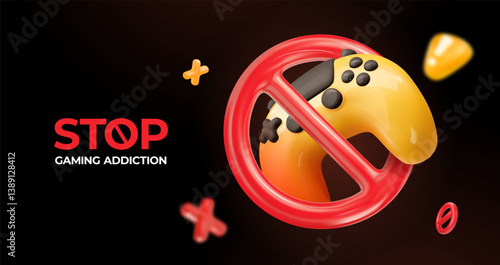 Glossy 3D Game Controller with Red Forbidden Sign on Dark Background. Digital Addiction, Parental Control, or No Gaming Alert Concept. Vector Illustration.