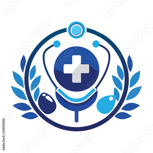 A blue medical logo featuring a stethoscope with a white cross, a laurel wreath, and other blue medical symbols.