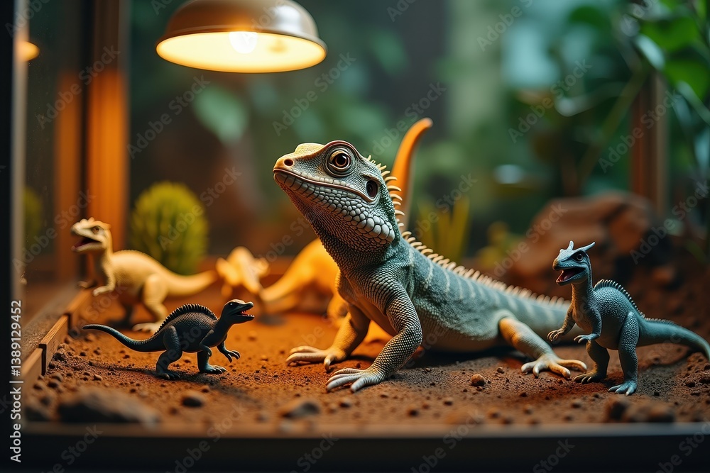 Lizard in terrarium with dinosaur figurines warm lighting