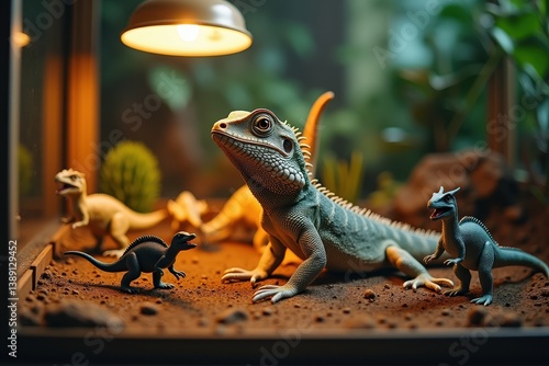 Obraz na płótnie Lizard in terrarium with dinosaur figurines warm lighting w salonie