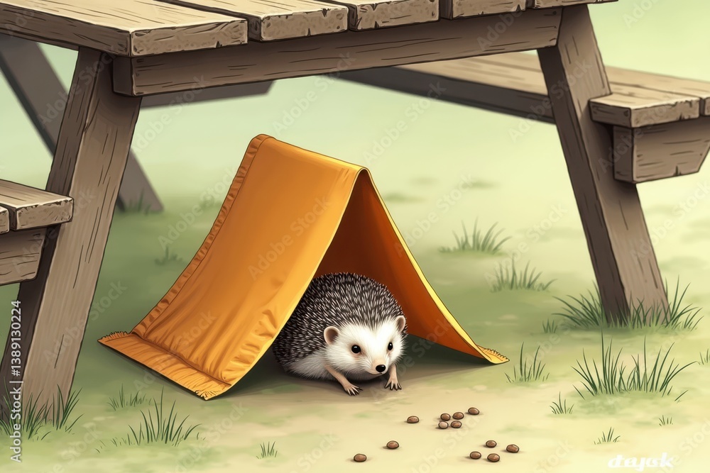 Hedgehog sheltering picnic table in makeshift tent
