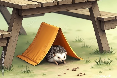 Obraz na płótnie Hedgehog sheltering picnic table in makeshift tent w salonie