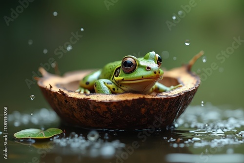Frog resting on coconut shell in pond
