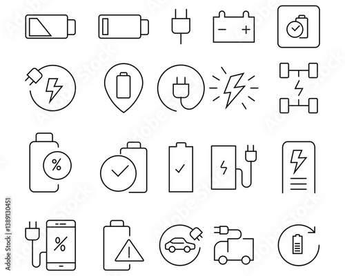 Line icons battery charging. Electric vehicle charging station, EV plug, bus, motorcycle, energy recovery, smart e car. Outline electronics symbols for website design, mobile application. 